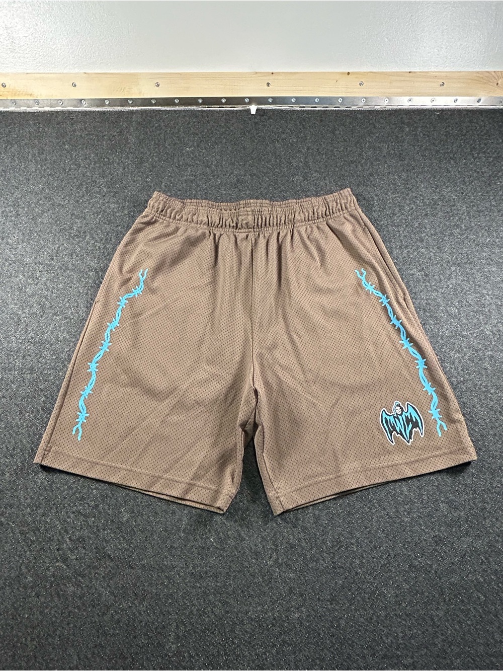 Warren Lotas Bat Reaper Mesh Shorts Brown Light Blue Barbwire Size XL